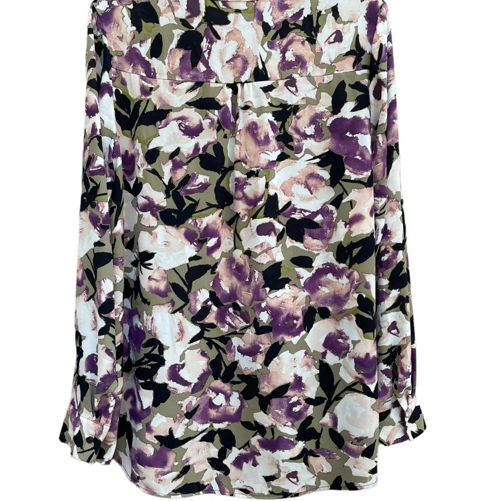 Simply Vera Vera Wang Long Sleeve V Neck 4 Button Popover Floral Blouse Large - Picture 5 of 14